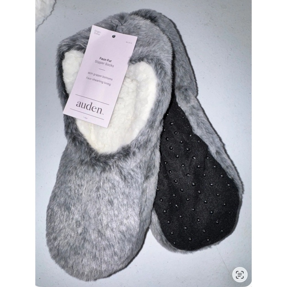 Auden Faux‎ Fur Slipper Socks Womens S/M 5-7 Grey 2pk Gripper NWT Cozy